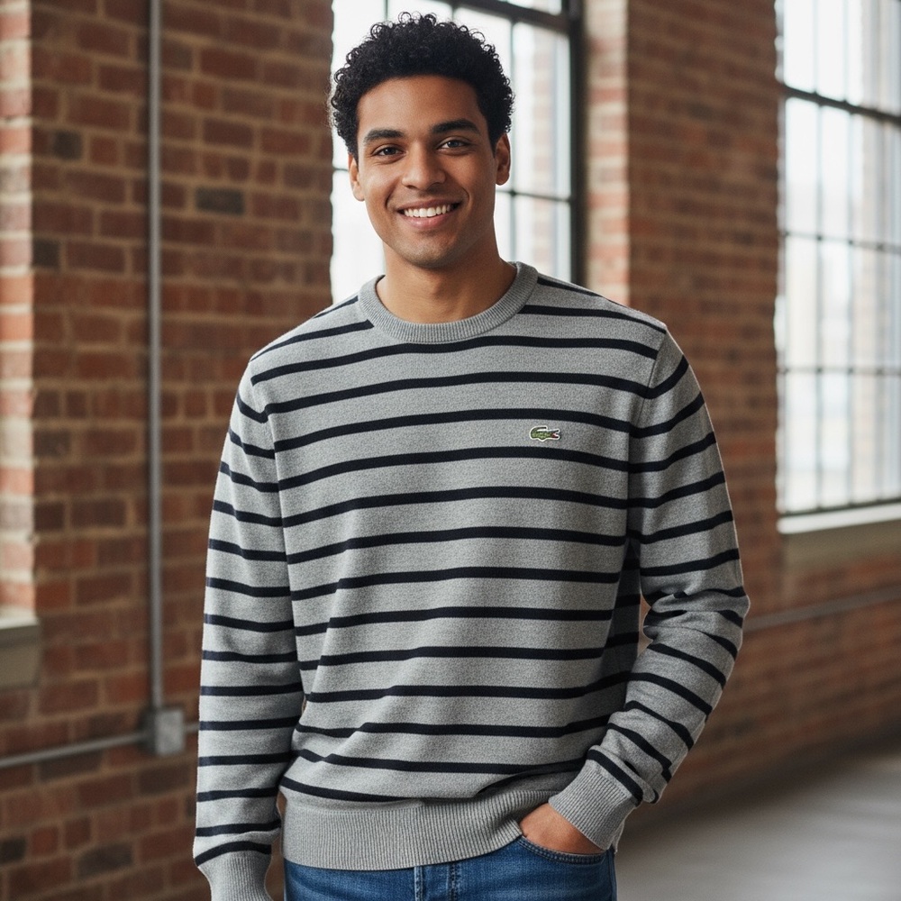 Lacoste Gray and Black Striped Crewneck Sweater